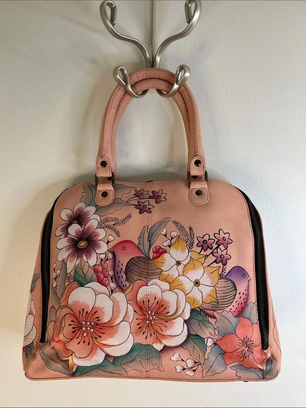 Anuschka Genuine Leather Hand Painted Bird & Flower Theme Hand / Shoulder Bag